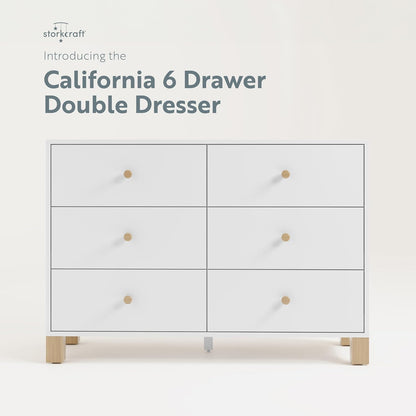 Storkcraft California 6-Drawer Double Dresser (White with Driftwood) - GREENGUARD Gold Certified, Interlocking Drawer System, Dresser Drawer Organizer for Kids Bedroom