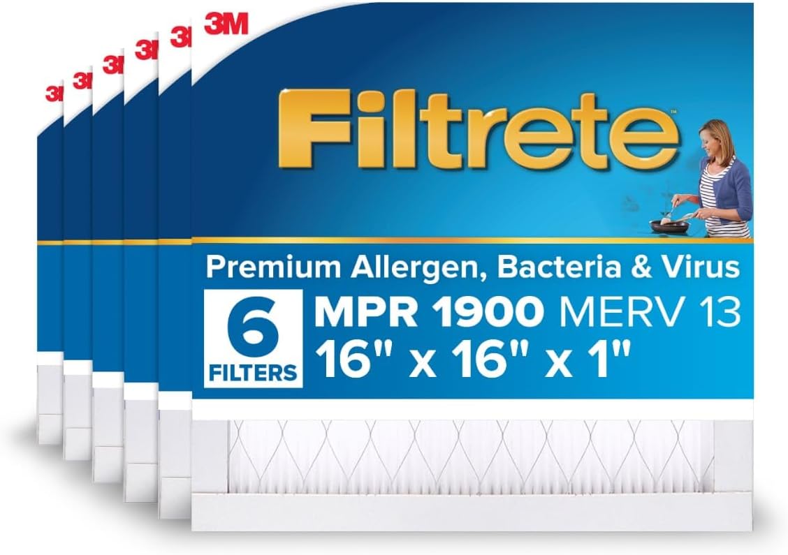 Filtrete 16x16x1 AC Furnace Air Filter, MERV 13, MPR 1900, Premium Allergen, Bacteria & Virus Filter, 3-Month Pleated 1-Inch Electrostatic Air Cleaning Filter, 6-Pack (Actual Size 15.81x15.81x0.78 in)