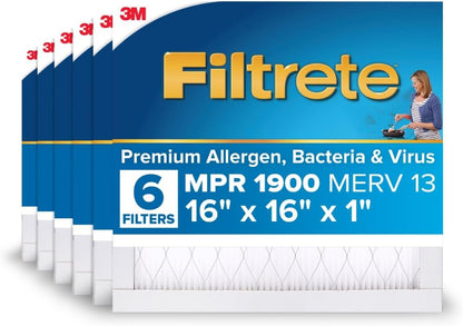 Filtrete 16x16x1 AC Furnace Air Filter, MERV 13, MPR 1900, Premium Allergen, Bacteria & Virus Filter, 3-Month Pleated 1-Inch Electrostatic Air Cleaning Filter, 6-Pack (Actual Size 15.81x15.81x0.78 in)
