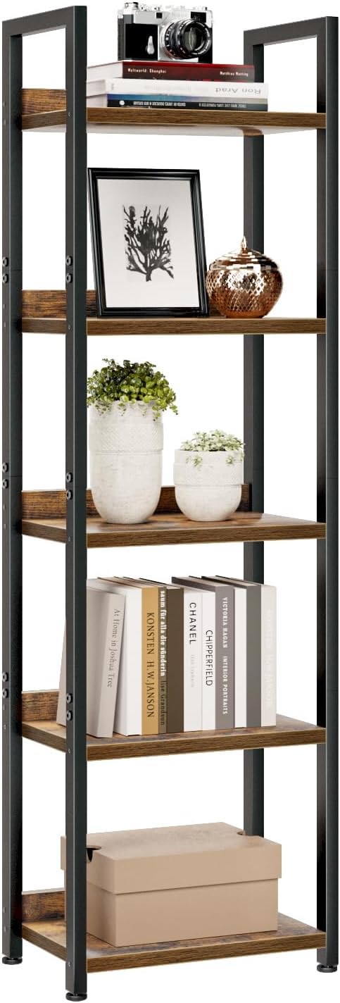 NUMENN Narrow Bookshelf, 5 Tier Bookshelves, Home Office Bookcase Shelf Storage Organizer, Free Standing Storage Shelving Unit for Bedroom, Living Room and Home Office, Vintage