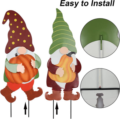 YEAHOME Fall Decorations for Home Outdoor, 2 Pack 25" Decorative Garden Stakes with Gnomes Pumpkin for Fall Decor, Metal Yard Signs for Outside Garden Lawn Porch Patio Thanksgiving Decorations