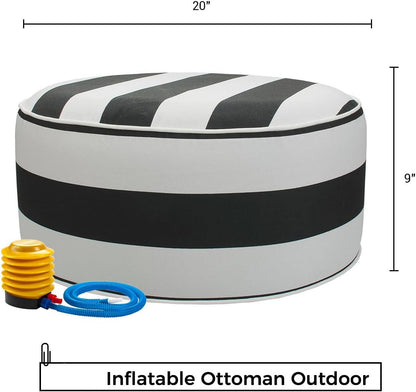 Inflatable Outdoor Ottoman with Air Pump,20"x9" Portable Patio Pouf,Water Resistant,Fade-Resistant,Round Blow Up Footrest Stools for Home Garden Camping Travel(Black White)