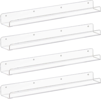 Weiai Clear Acrylic Floating Shelves 24 inches, Wall Bookshelf for Kids, Transparent Book Shelf Ledge for Wall, Set of 4