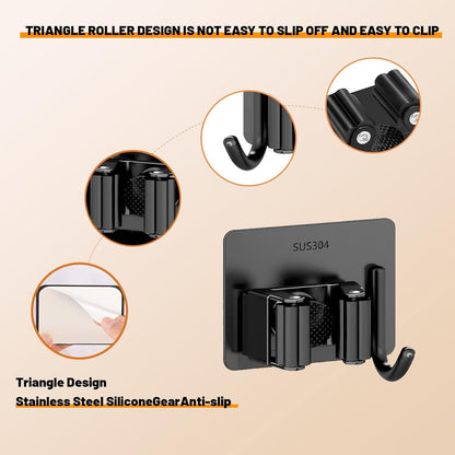 Mop and Broom Holder Wall Mount Stainless Steel Broom Mop Hanger Wall Mounted Garden Tool Rack Organizer for Closet Garage Laundry Room Kitchen Decor (Black) (6)