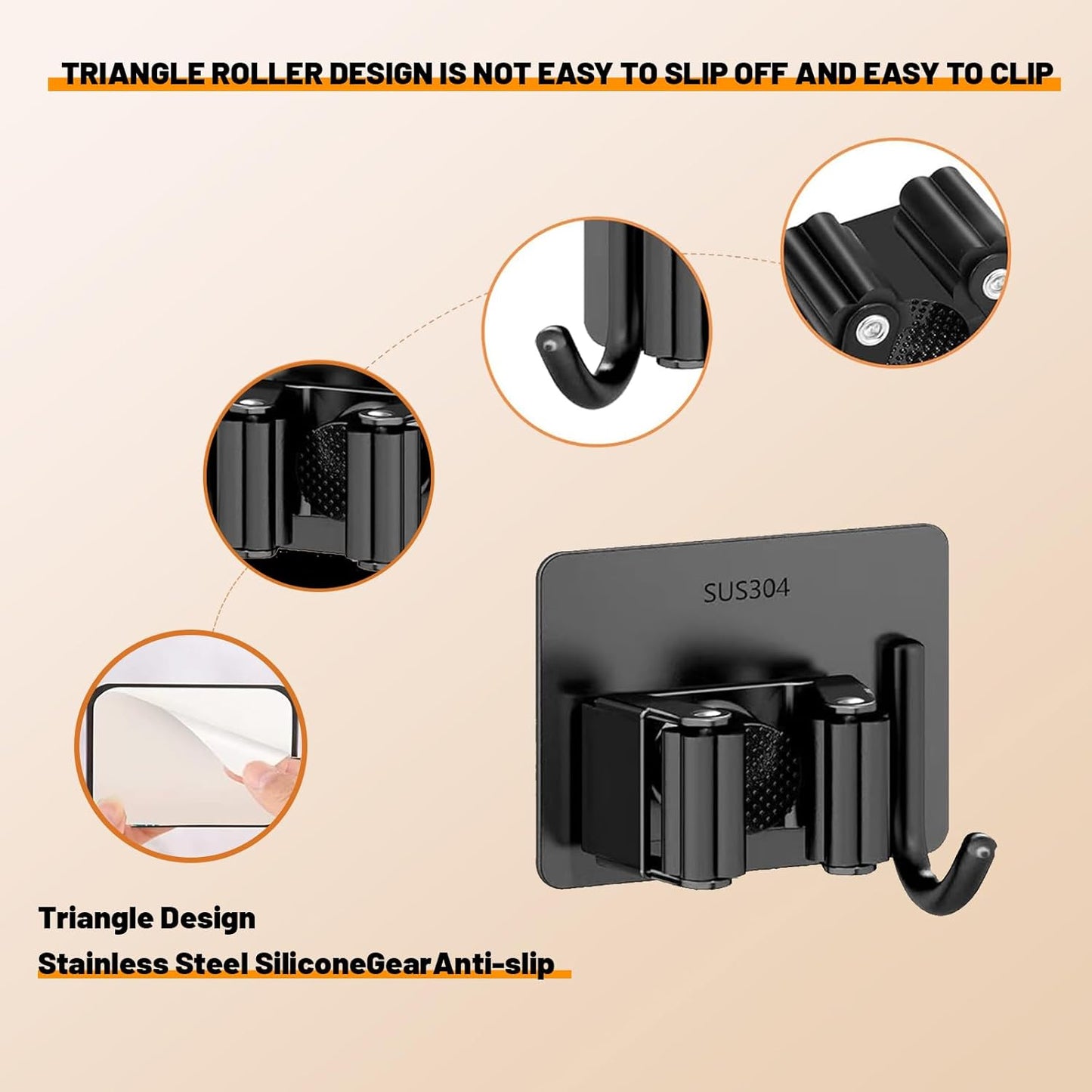 3 Pack Broom Holder Wall Mount,Stainless Steel Broom Holder with Hooks Screw, No Drill Self Adhesive Hanger Tool Rack Organizer for Closet Garage Laundry Room Kitchen Decor (Black) (3)