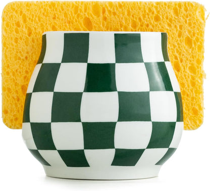 Kitchen Sponge Holder, Ceramic Sponge Organizer Checkered Scrubby Holder Sink Caddy Scrub Dish Rack for Kitchen, Bathroom, Sink Decor, Green and White