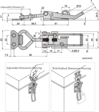 Adjustable Latch Buckle Cabinet Boxes Lever Handle Toggle Catch Latch Lock,Silver,Adjustable Range 126-148mm,2 Pcs