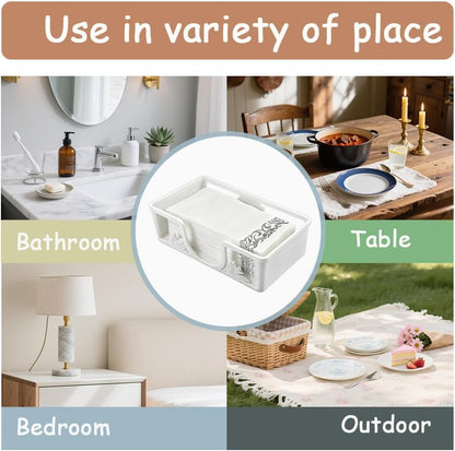 Metal Napkin Holder for Bathroom and Kitchen - White Floral Design Disposable Hand Towel Holder Tray, Guest Towel Organizer for Countertop, Paper Napkin and Towel Dispenser (White)