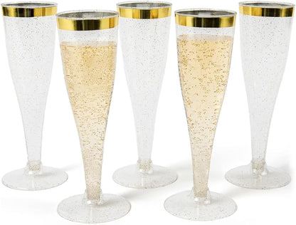 Prestee Set of 24 Plastic Champagne Flutes with Gold Rim - 4.5 oz - Shatterproof Disposable Glasses for Weddings, Cocktail Parties, and Outdoor Celebrations