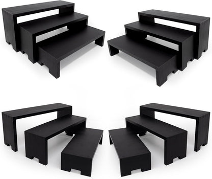 Display Wood Risers Wooden Stand 3 Tier 4 Set 12 Pieces Wood Racks Decorative Rectangular, Cupcake Stands Cologne Perfume Organizer Showcase Items(New Black)