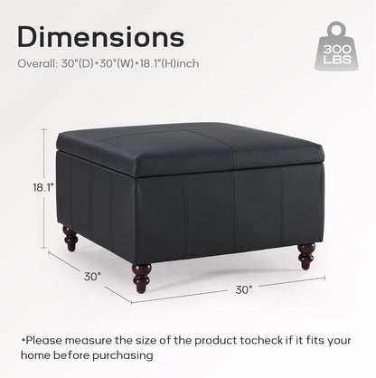 HUIMO Square Leather Storage Ottoman, Black Tufted Large Ottoman for Living Room, Coffee Table with Storage(Black)