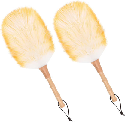 Lambswool Duster for Cleaning with Solid Wooden Handle Leather Hang Strap 14.9 inch Natural Feather Duster for Cleaning Ceiling Fans Window Blinds Computer Furniture(2 Pack)