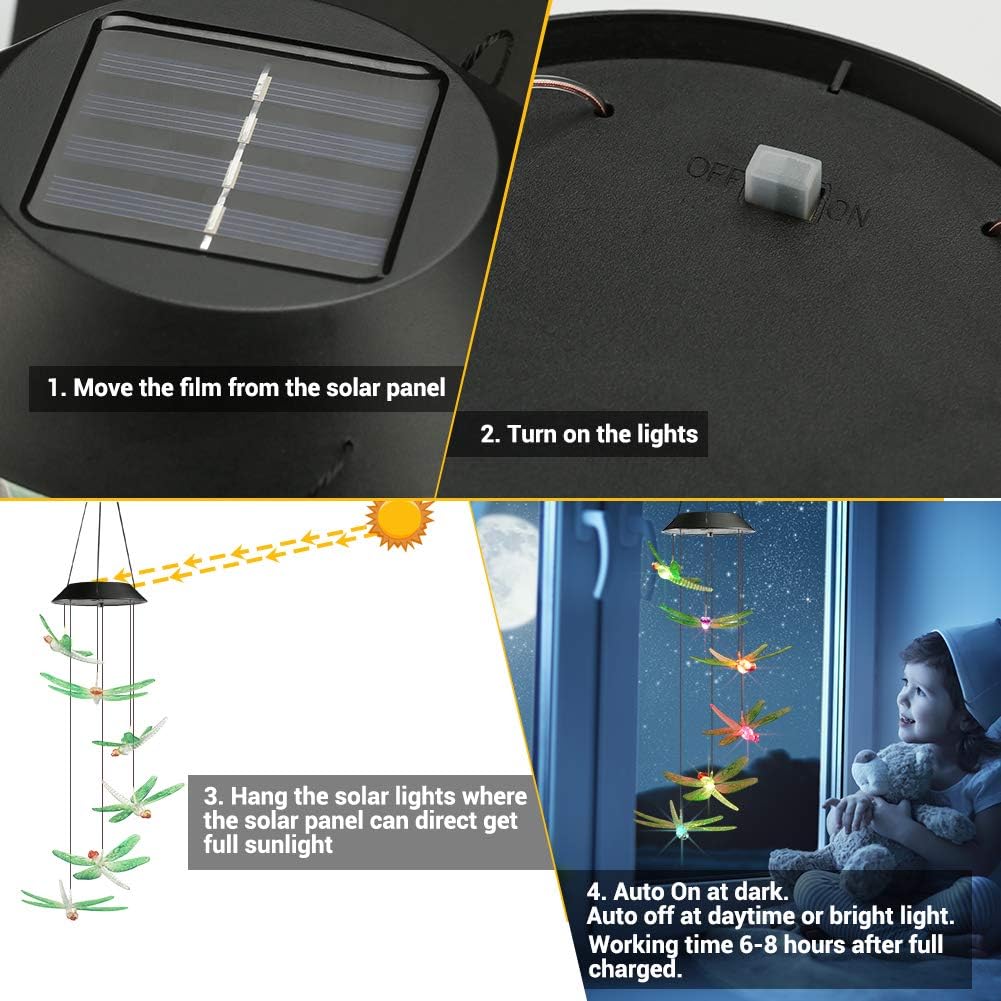 Toodour Solar Wind Chimes Outdoor, Color Changing Solar Lights Dragonfly, Gifts for Mom Grandma, Waterproof Decorative Mobile Light, Gardening Gift for Garden,Patio, Window, Yard, Outdoor Decor