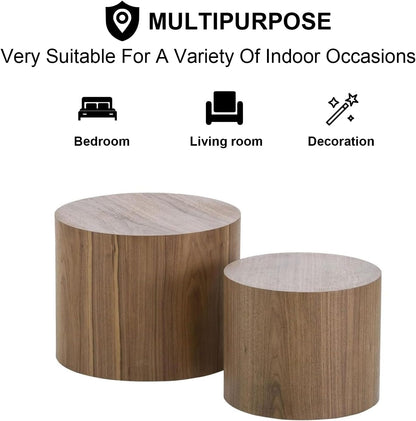 Nesting Coffee Table Set of 2, Modern Round Coffee Table with Non-Slip Feet, Walnut Wooden Circle Accent Tables for Small Spaces Living Room Bedroom Balcony Office Drum Side Table (Walnut)