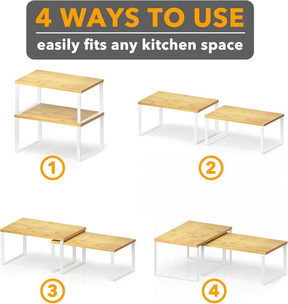 SpaceAid Cabinet Shelf Organizers 2 Pack, Kitchen Counter Rack Shelves Riser, Stackable Expandable Spice Rack, Pantry Cupboard Storage Organization (White and Natural, Short)