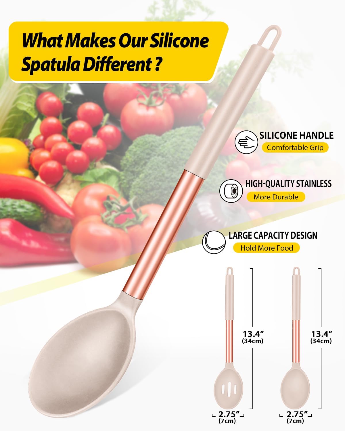 Pack of 2 Large Silicone Cooking Spoons,Non Stick Solid Basting Spoon,Heat-Resistant Kitchen Utensils for Mixing,Serving,Draining,Stirring (ROSE GOLD KHAKI)