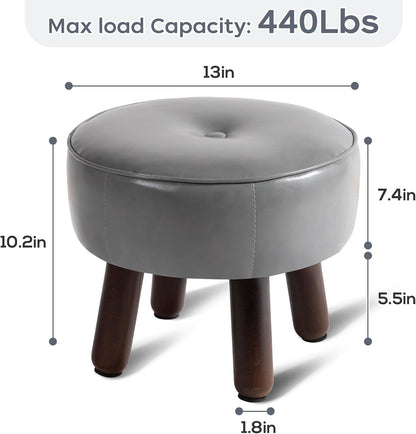 Ottoman, Small Foot Stool, Round Leather Pouf Ottoman, 13''L x 13''W x 10.2''H Foot Rest with Non-Skid Rubber Legs for Living Room Bedroom Couch Entryway, Grey