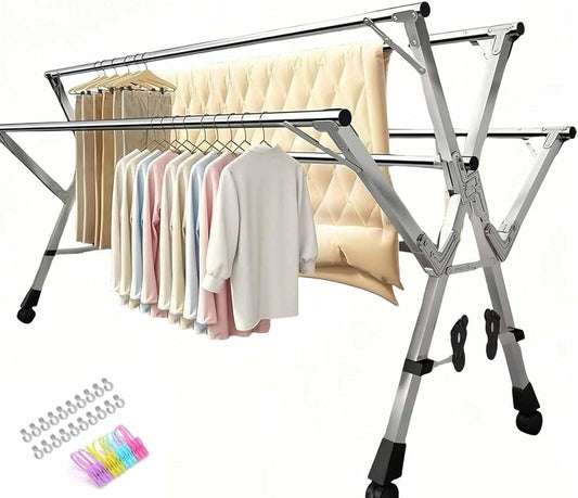 5Poles Clothes Drying Rack,Stainless Steel Laundry Rack with Wheels, Blanket Rack Clothesline, Extendable,with Windproof Hooks,for Indoor Outdoor