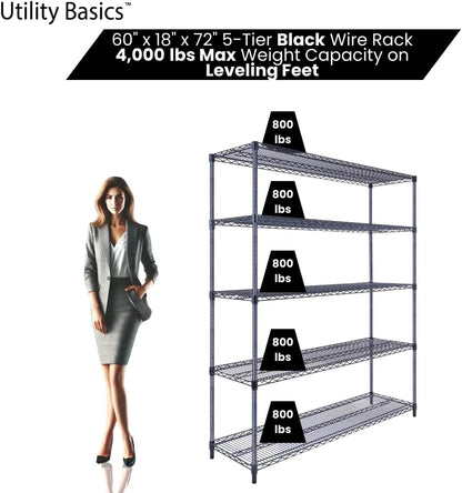 60"x18"x72" Black 5-Tier Premium Wire Shelving NSF 4000 LBS MAX Capacity Heavy Duty Steel Storage Rack for Warehouses, Garages, Hospitals, Commercial Spaces, & Schools w/Premium Wheels