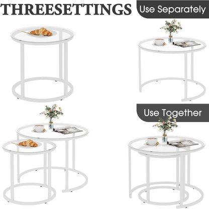 aboxoo White Nesting Glass Table Set of 2, Small Glass Round Nesting Tables for Living Room Bedroom, Accent Tea Table with Metal Frame Modern Industrial Simple
