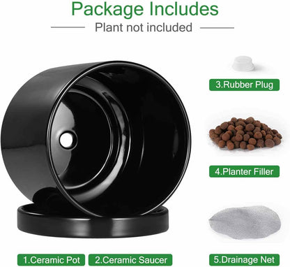 Aveyas 8 inch Ceramic Plant Pot with Drainage Hole and Saucer - Suitable for Indoor and Outdoor Use, Modern Planters for House Garden Flower Tree Snake Monstera Plants (8", Glossy Black)