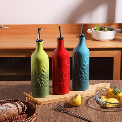 Sweejar Large Ceramic Olive Oil Dispenser Bottle, 24 Oz Relief Opaque Oil Cruet Protects Oil To Reduce Oxidation, Storage Vinegar, Soy Sauce, Coffee Syrup, Liquids, Set of 1 (Gradient Green)
