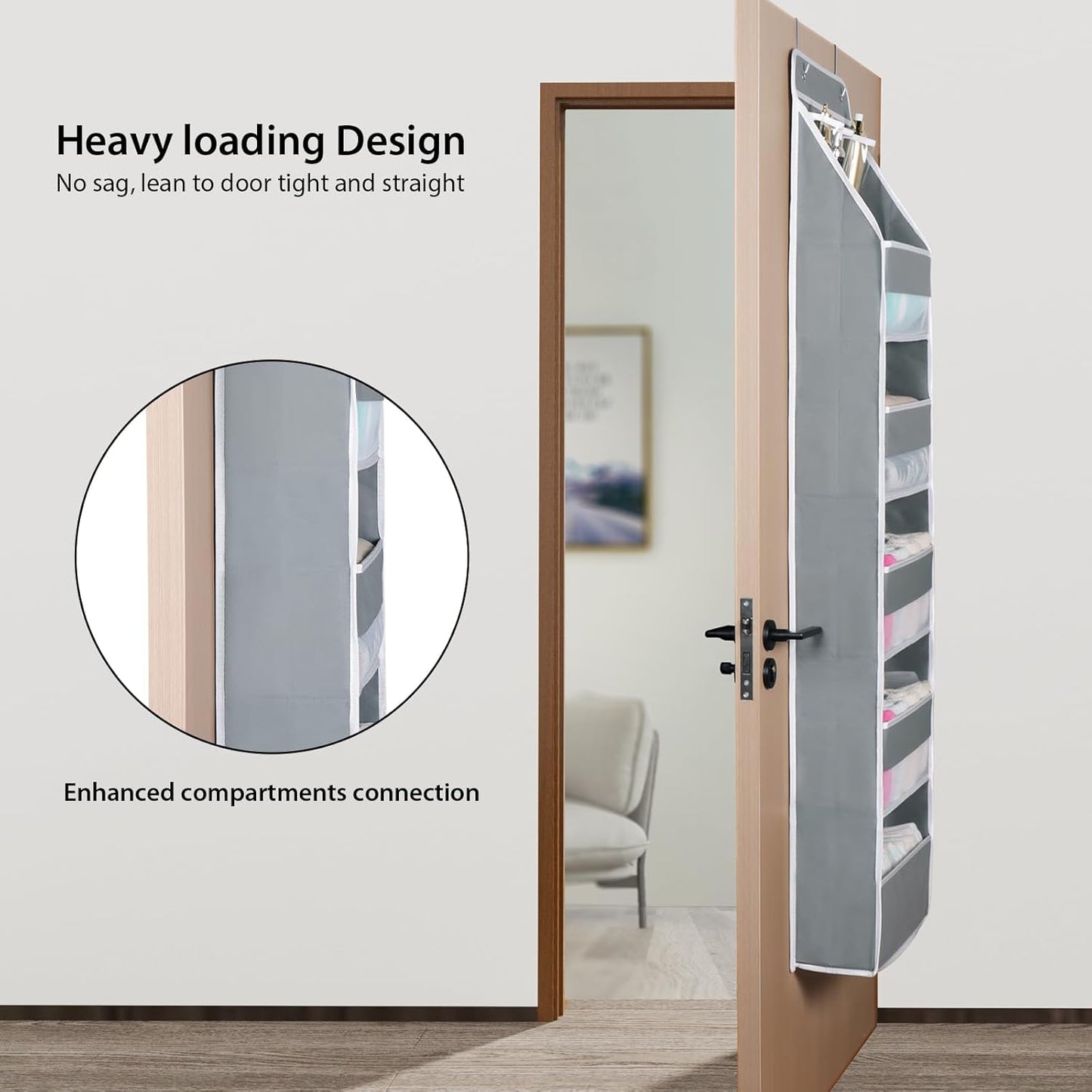 Univivi 6-Shelf Over Door Hanging Organizer Fabric Baby Door Storage with 5 Large Pockets and 3 Small PVC Pockets Wall Mount Hanging Storage Organizers for Baby Essential (Grey)