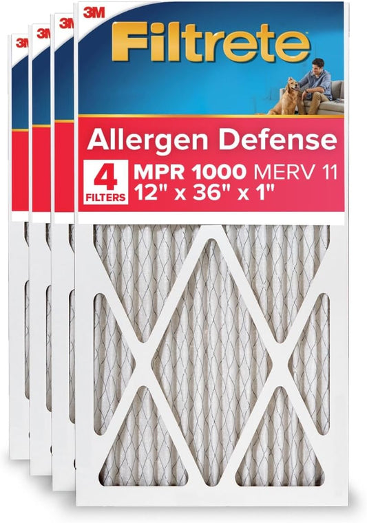 Filtrete 12x36x1 AC Furnace Air Filter, MERV 11, MPR 1000, Micro Allergen Defense, 3-Month Pleated 1-Inch Electrostatic Air Cleaning Filter, 4 Pack (Actual Size 11.69 x 35.69 x 0.81 in)