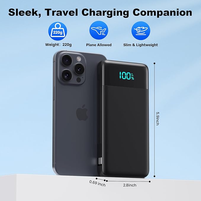 Portable Charger for iPhone,13800mAh Slim Power Bank with Built-in Cables & AC Wall Plug,All in One 4 Outputs USB C Fast Charging Battery Pack Powerbank for iPhone 17/16/15/14,Android,Travel Essential
