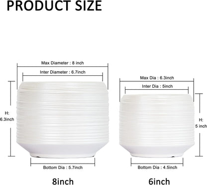 8 Inch + 6 Inch Ceramic Plant Pots Indoor with Drainage – Flower Pot Set, Decorative Indoor Planters for House Plants and Garden Use