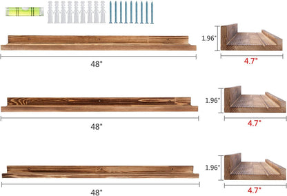 AZSKY Picture Ledge Shelf Wall Ledge Floating Shelves for Photo Frames Kids Book Shelves Wall Mounted Burnt Wall Display Shelf Wooden Frame Ledge 48 Inches Set of 3 Bathroom Organizer Shelves