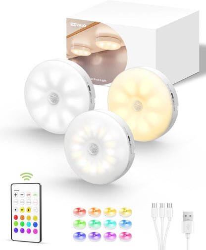 EZVALO Under Cabinet Lighting,1000mAh Rechargeable Puck Lights with Remote,3 Color Temps & 12 RGB Motion Sensor Closet Lights Indoor,Dimmable Under Cabinet Lights for Kitchen,Cabinets,Closet (3 Packs)