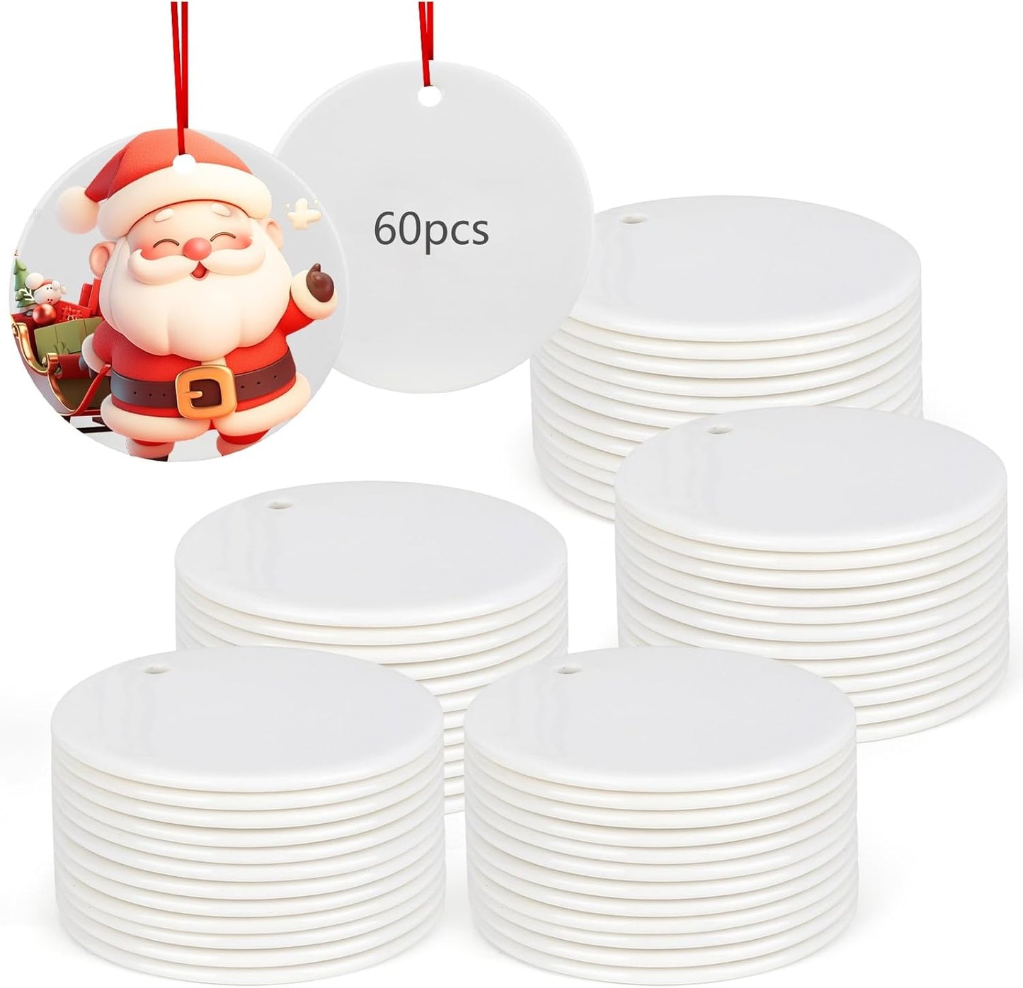 60 PCS Sublimation Ceramic Ornament Blank 3 Inch Round Two-Sided Printed White Ceramic Decoration Christmas Sublimation Ornament Blanks with Gold String for DIY Crafts Christmas Tree Decoration