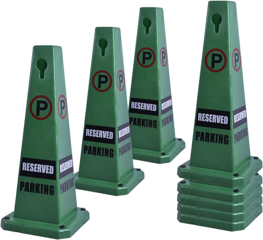 8-Pack 26.5" Caution Cones, 4-Sided Visible Safety Signs with Heavy Rubber Base, Warning for Slip & Fall Prevention, Indoor/Outdoor Use (Green, 8Pcs-Reserved Parking)