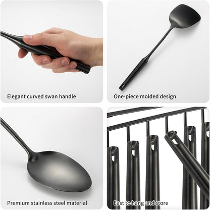 304 Stainless Steel Cooking Utensil,Kitchen Kitchen Utensil with Spatula, Solid Spoon, Ladle, Skimmer, Spaghetti Spoon, 6 Piece Set, Dishwasher Safe(Black)