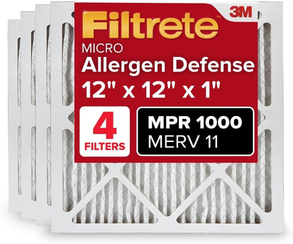 Filtrete 12x12x1 AC Furnace Air Filter, MERV 11, MPR 1000, Micro Allergen Defense, 3-Month Pleated 1-Inch Electrostatic Air Cleaning Filter, 4 Pack (Actual Size 11.81x11.81x0.81 in)