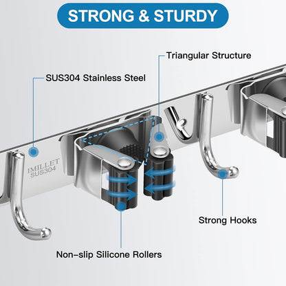 IMILLET Broom Holder Wall Mounted, Stainless Steel Broom Mop Holder Self Adhesive Heavy Duty Hooks Storage Organizer for Home Laundry Room Garden Garage Closet Kitchen 1 Pack（4 Racks with 5 Hooks）