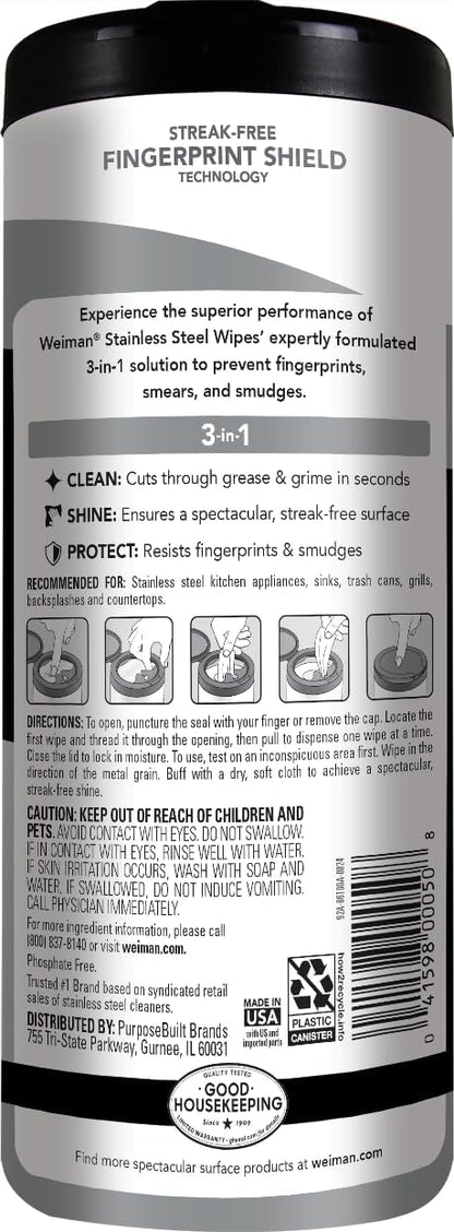 Weiman Stainless Steel Cleaner, 30 Count Cleaning Wipes, Removes Dirt, Grime, and Grease, No Streaks or Residue, Stainless Steel Polish for a Sparkling Clean and Shiny Surface, Cleaning Supplies