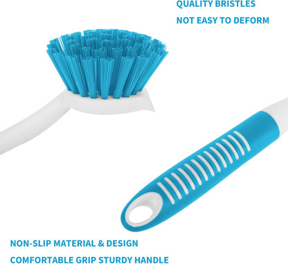 Dish Brush with Handle, 2 Pack Scrub Brushes with Built-in Scraper for Cleaning Kitchen, Pots, Pans and Sink, Scrubber Washing Tools, Blue