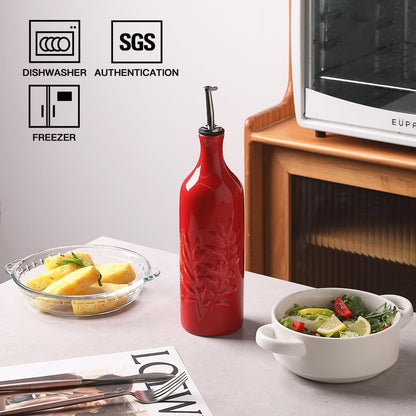 Sweejar Large Ceramic Olive Oil Dispenser Bottle, 24 Oz Relief Opaque Oil Cruet Protects Oil To Reduce Oxidation, Storage Vinegar, Soy Sauce, Coffee Syrup, Liquids, Set of 1 (Red)