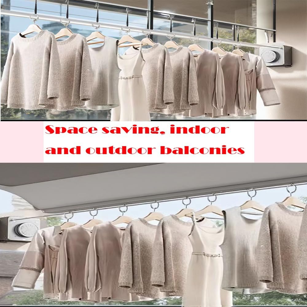 Retractable Clothesline, Wall Mounted, Stainless Steel, 17 Ft Indoor Outdoor (White)