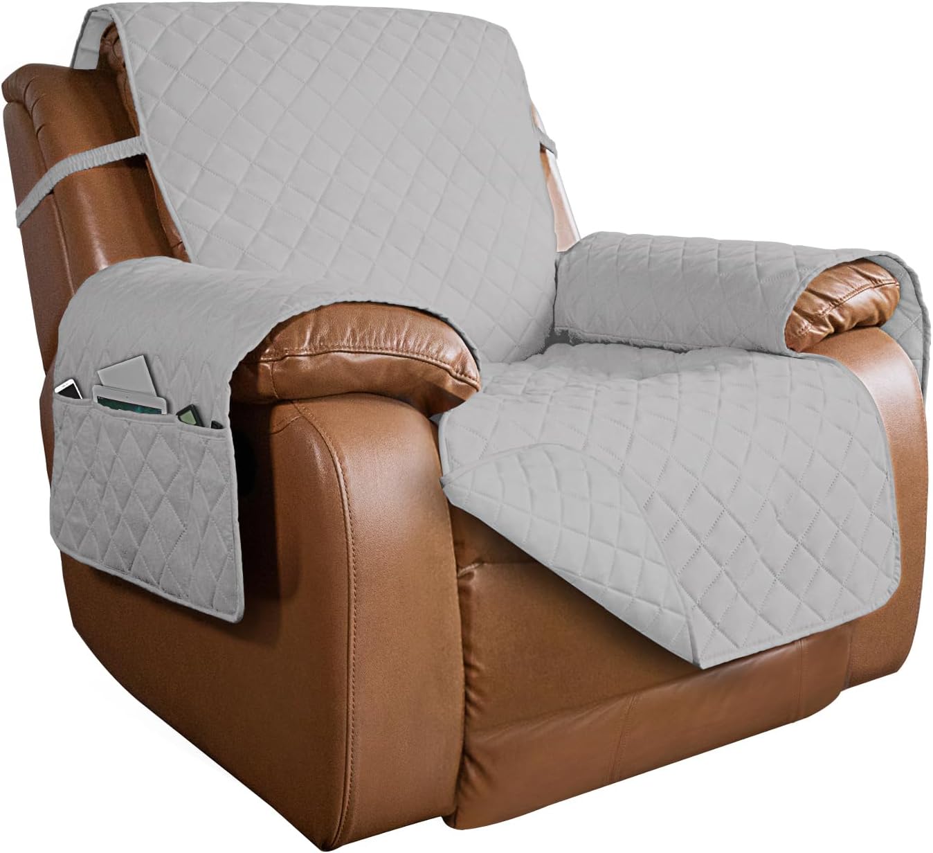 PureFit Reversible Quilted Sofa Cover, Water Resistant Slipcover Furniture Protector, Washable Couch Cover with Non Slip and Elastic Straps for Kids, Dogs (Oversized Recliner, Light Gray/Light Gray)