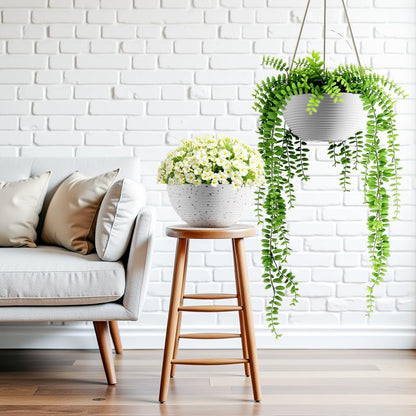 Line Pattern 10 Inch Hanging Planter for Indoor Outdoor Plants, 2 Pack Round Hanging Pots for Plants (White + Speckled White)