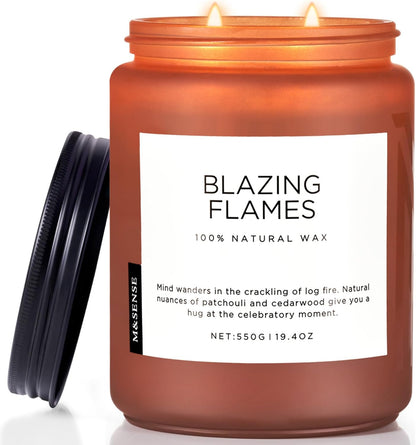M&SENSE Blazing Flames Scented Candles with Log Fire - Patchouli & Cedarwood, Large Natural Soy 19.4oz 110 Hour Long Lasting Non Toxic Clean Burn Candle Gifts for Men Women