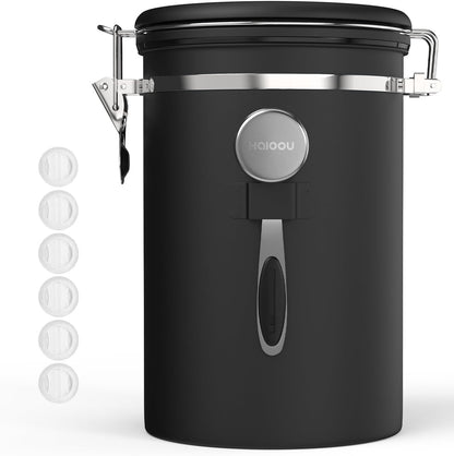 HAIOOU Large Coffee Canister, 38OZ Oversized Stainless Steel Coffee Bean Storage Container with Date Tracker, Measuring Scoop, CO2 Releasing Valves for Beans, Grounds and more - Black