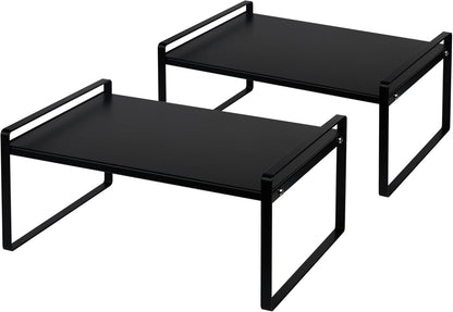 Nxconsu 2Pack Cabinet Shelves Stackable Shelf Organizer Rack Riser for Kitchen Cabinet Pantry Cupboard Counter Countertop Home Organization Storage Space Saver Heavy Duty Metal Nonslip Black Wide