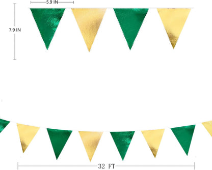 Green Gold Party Decorations Metallic Fabric Triangle Pennant Banner Flag Bunting Garland for Graduations Birthday Retirement Wedding Baby Shower Spring Summer Master Golf Theme Outdoor Party Supplies