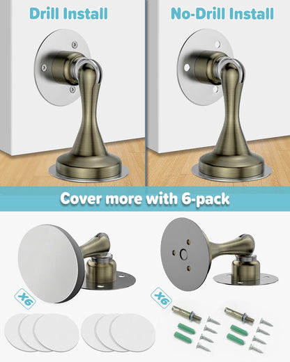 Door Stoppers Magnetic Door Catch - 6 Pack Stainless Steel Heavy Duty Door Stops for Bottom of Door, Wall & Floor Mounting No-Drill Strong Adhesive & Screws, Strong Door Holder to Keep Door Open