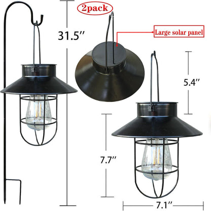 Solar Lantern 2pack Outdoor Hanging Light- Waterproof Vintage Metal Light with Shepherd Hook Decorative for Patio, Backyard, Porch, Yard (Black)