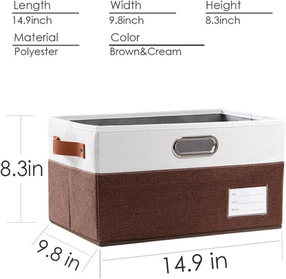 PRANDOM Foldable Storage Bins with Handles [3-Pack] Fabric Collapsible Storage Boxes Baskets Cubes Containers with Handles for Closet Living Room Bedroom (Brown & White 14.9x9.8x8.3'')